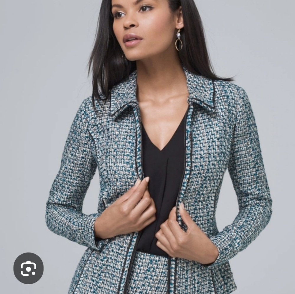 White House Black Market Teal Tweed Blazer Size 14